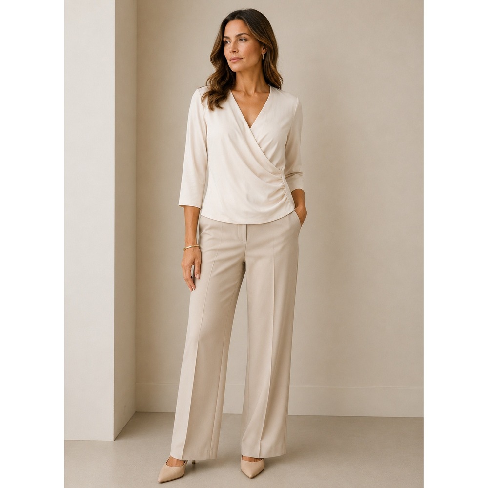 Ann Taylor Womens Cream Faux Wrap Surplice V-Neck Long Sleeve Blouse Top Large